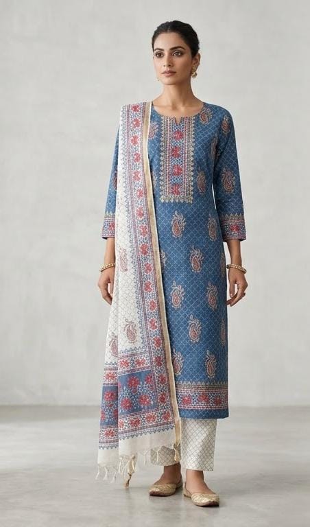 Handblock Print Blue Red Paisley Cotton Dress Materials