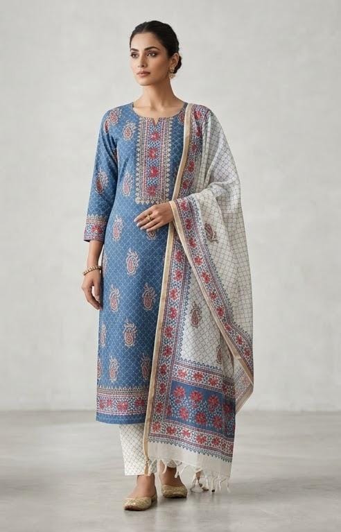 Handblock Print Blue Red Paisley Cotton Dress Materials