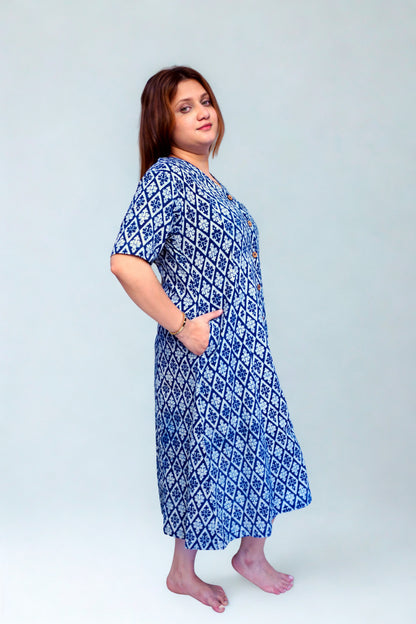 Indigo Dabu Handblock Printed Cotton Mid-Length Dress | Rooh E Azah