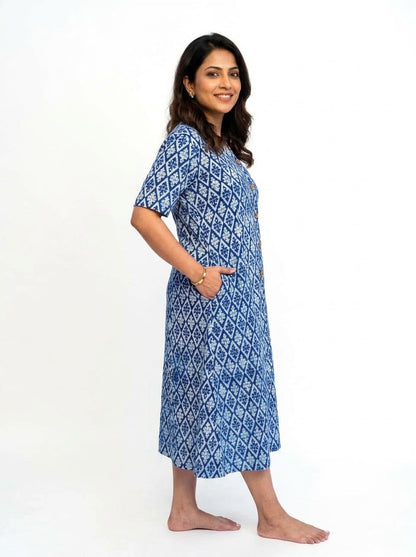 Indigo Dabu Handblock Printed Cotton Mid-Length Dress | Rooh E Azah