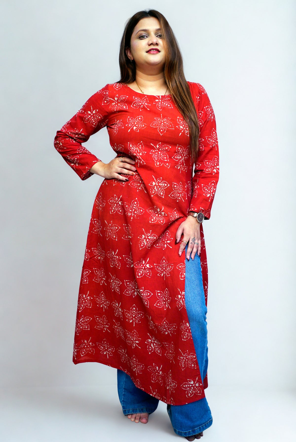 Cotton Dabu Hand Block Printed Red Long Side Slit Kurti | Rooh E Azah