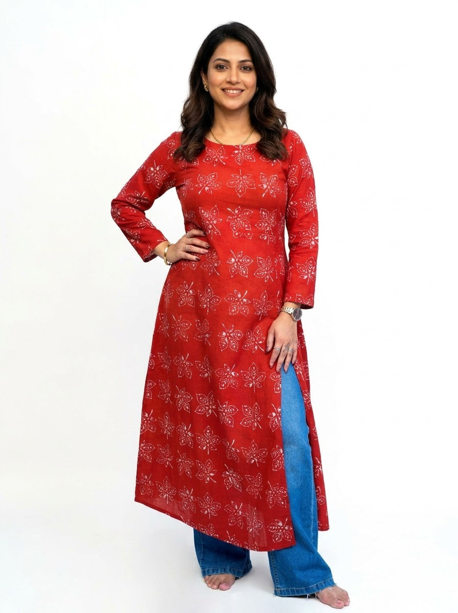 Cotton Dabu Hand Block Printed Red Long Side Slit Kurti | Rooh E Azah