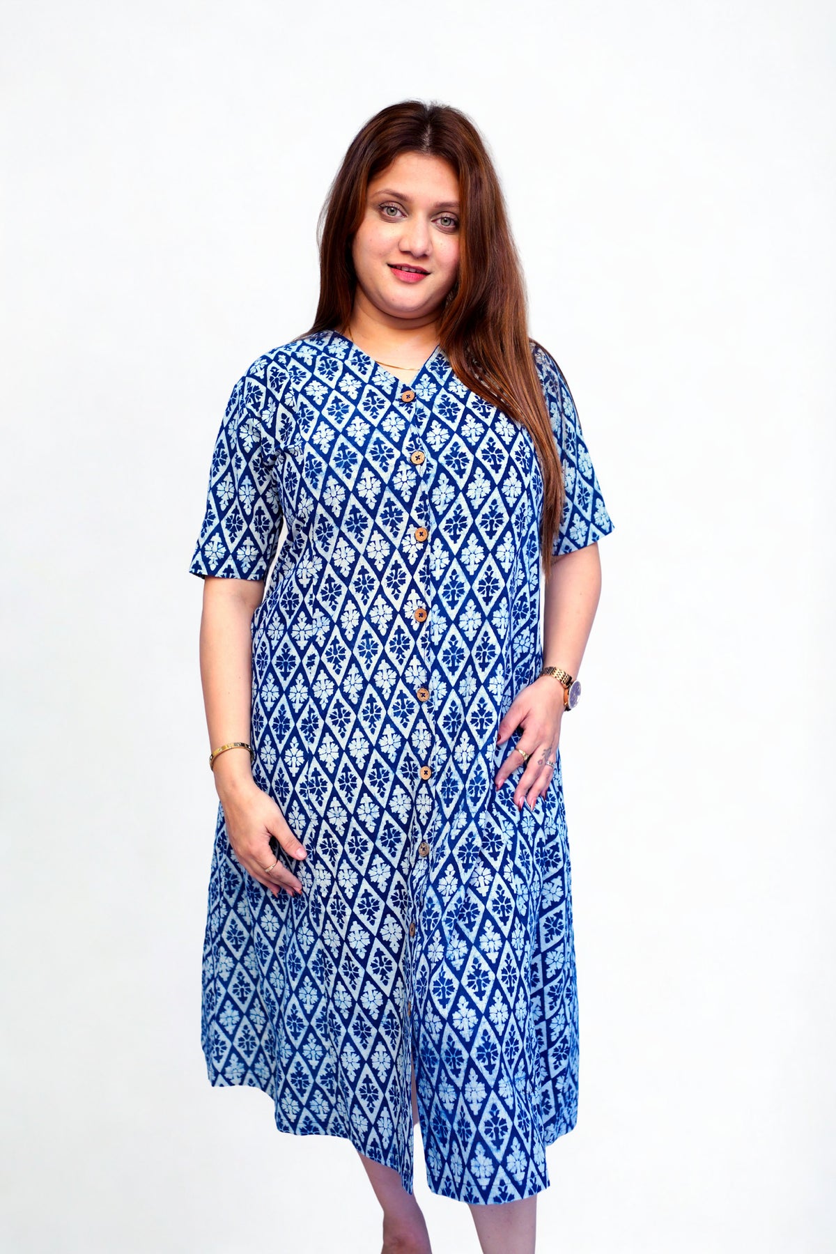 Indigo Dabu Handblock Printed Cotton Mid-Length Dress | Rooh E Azah