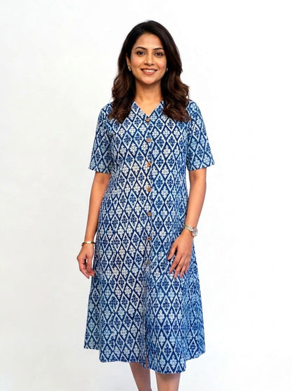 Indigo Dabu Handblock Printed Cotton Mid-Length Dress | Rooh E Azah