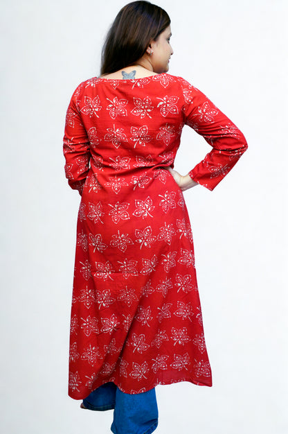 Cotton Dabu Hand Block Printed Red Long Side Slit Kurti | Rooh E Azah
