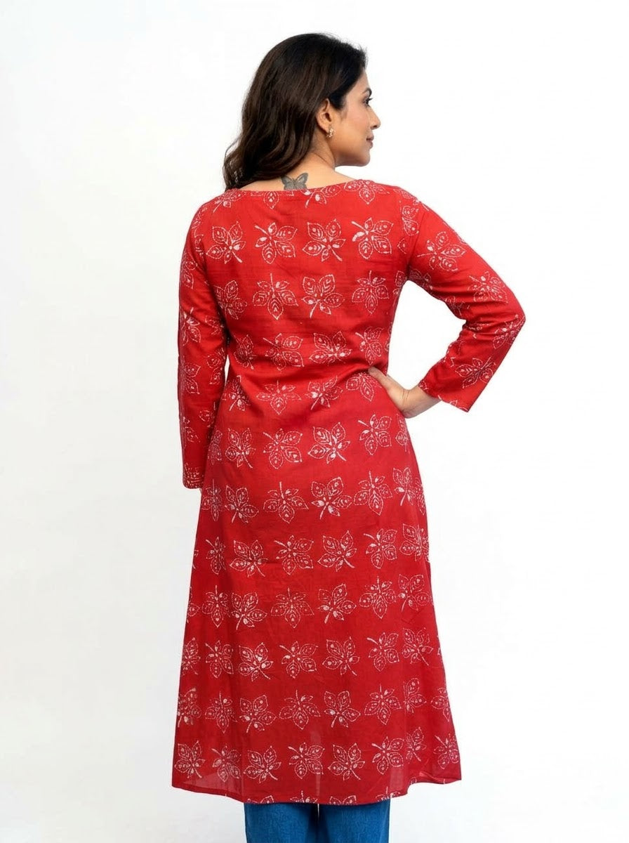 Cotton Dabu Hand Block Printed Red Long Side Slit Kurti | Rooh E Azah