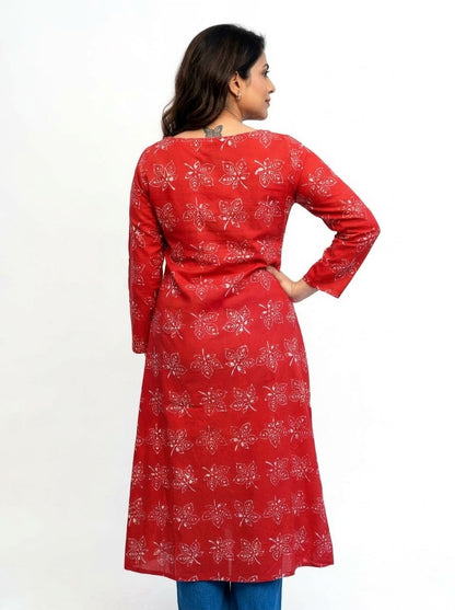 Cotton Dabu Hand Block Printed Red Long Side Slit Kurti | Rooh E Azah