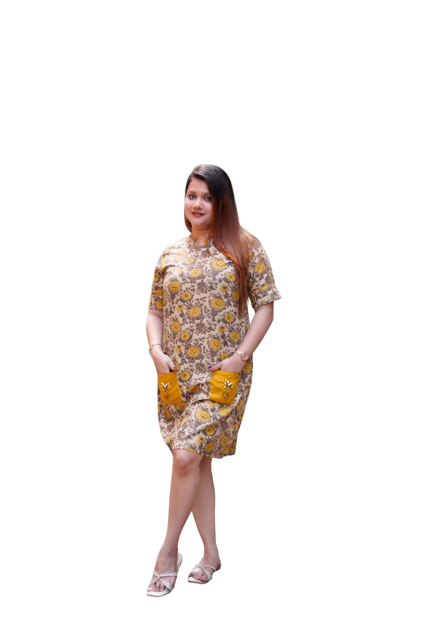 Mustard Ajrak Handblock Print Knee Length Dress With Hand Embroidery On Pockets