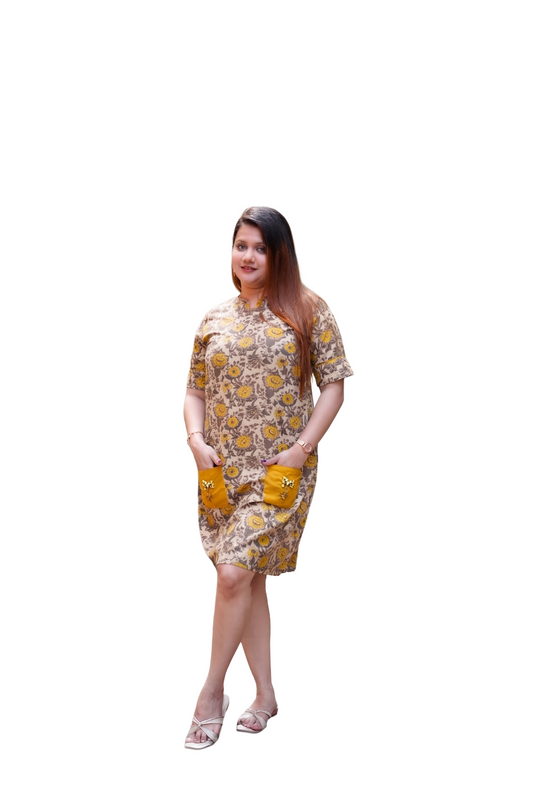 Mustard Ajrak Handblock Print Knee Length Dress With Hand Embroidery On Pockets