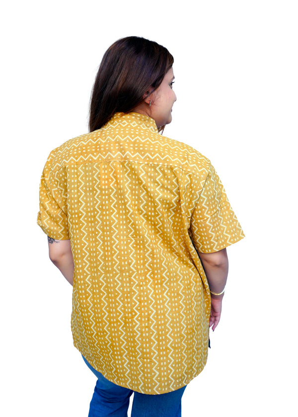 Cotton Mustard Bagru HandBlock Patchwork Shirt for Women | Rooh E Azah