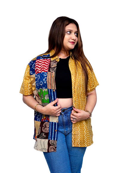 Cotton Mustard Bagru HandBlock Patchwork Shirt for Women | Rooh E Azah