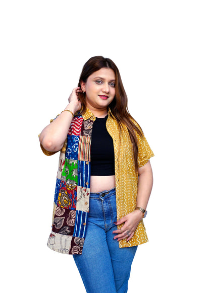 Cotton Mustard Bagru HandBlock Patchwork Shirt for Women | Rooh E Azah