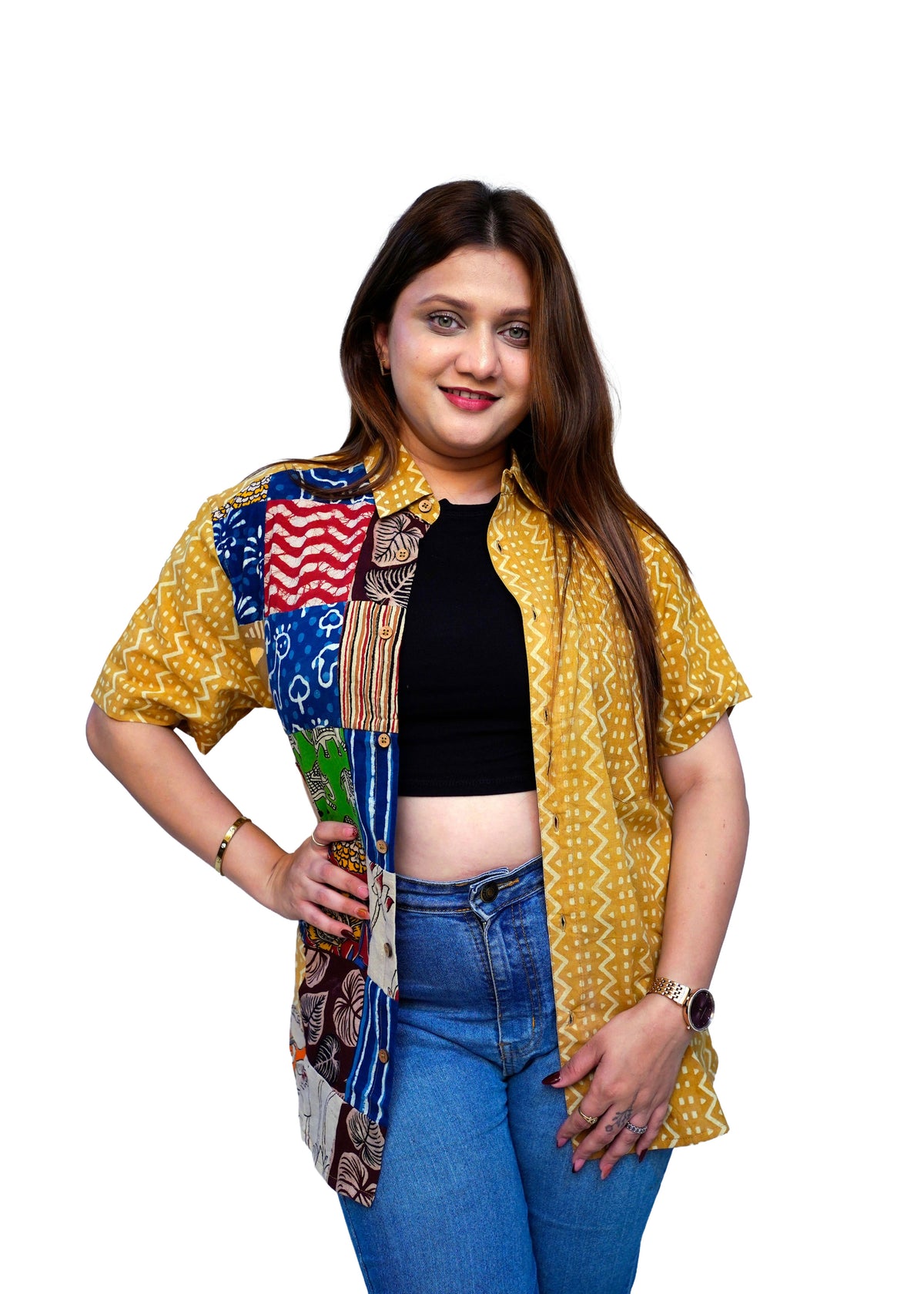 Cotton Mustard Bagru HandBlock Patchwork Shirt for Women | Rooh E Azah