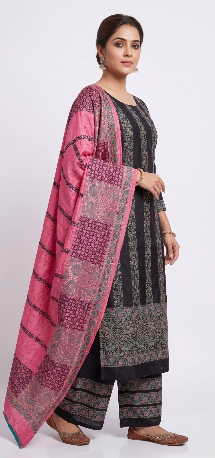 Handblock Print Pink Black Cotton/Silk Dress Materials
