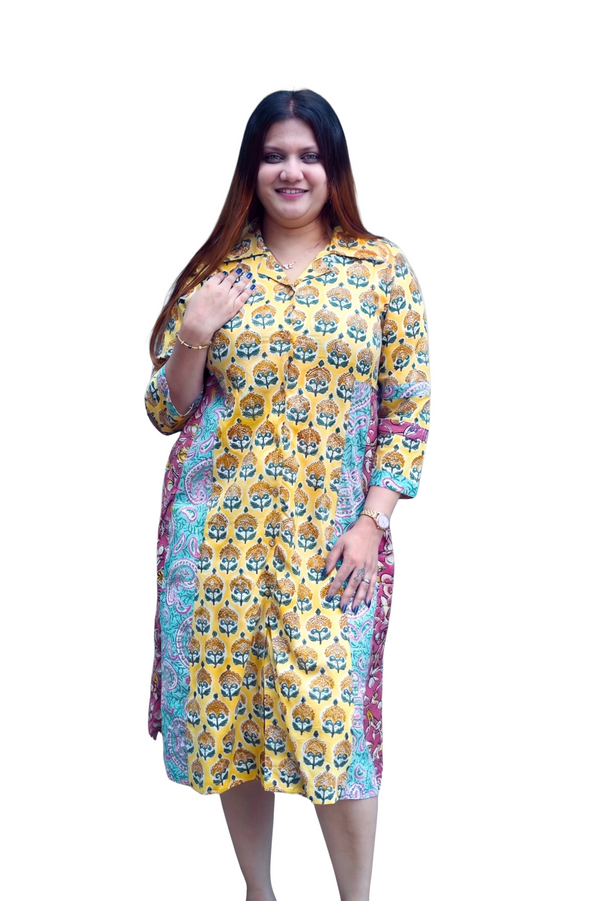 Yellow Bagru Handblock Print Dress