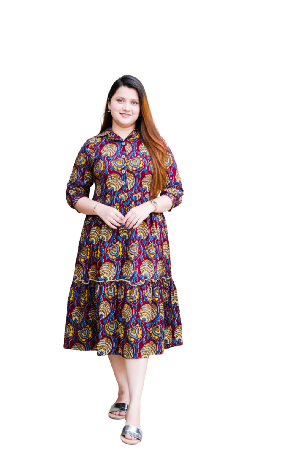 Red Kalamkari Open Collar Mid-Length Dress