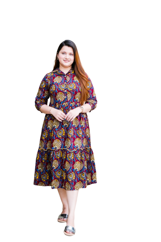 Red Kalamkari Open Collar Mid-Length Dress