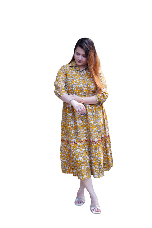 Yellow Kalamkari Open Collar Mid-Length Dress