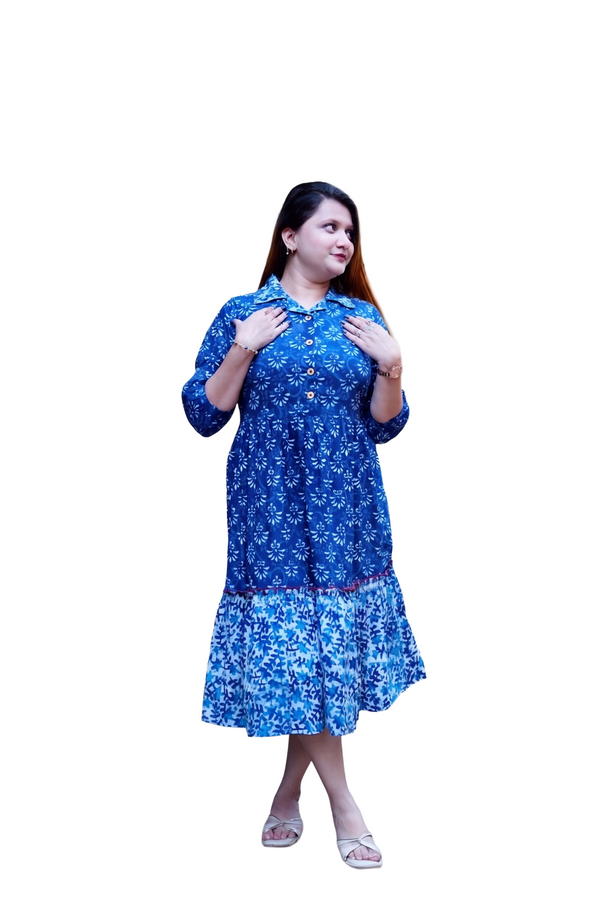 Indigo Dabu Print Open Collar Mid-Length Dress