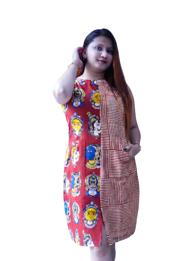 Red Kalamkari Handblock Printed Knee Length Dress
