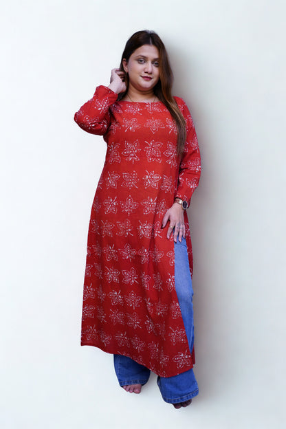 Cotton Dabu Hand Block Printed Red Long Side Slit Kurti | Rooh E Azah