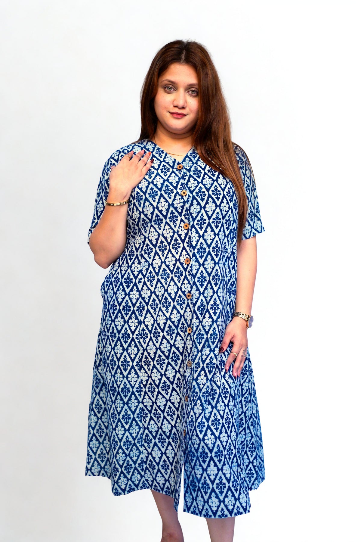 Indigo Dabu Handblock Printed Cotton Mid-Length Dress | Rooh E Azah