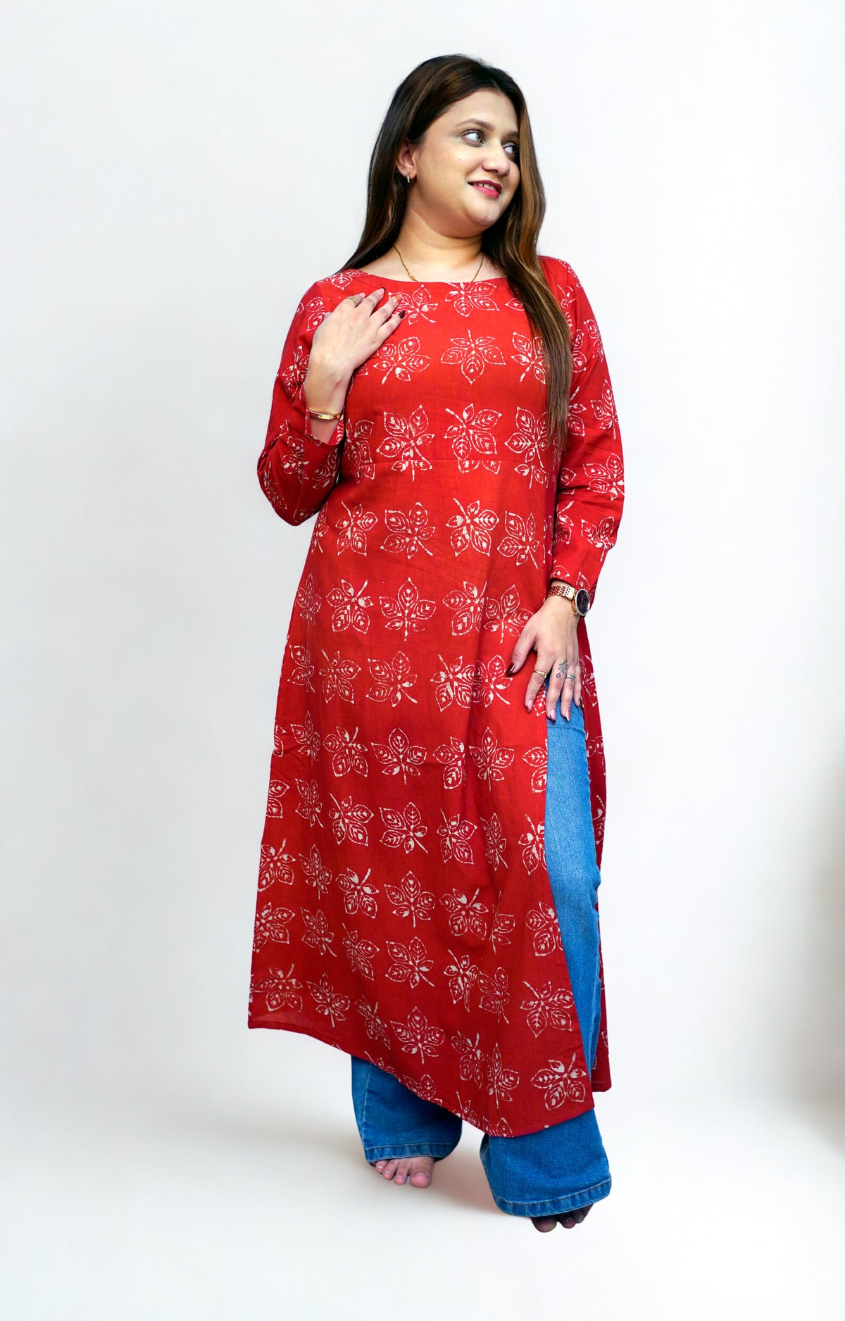 Cotton Dabu Hand Block Printed Red Long Side Slit Kurti | Rooh E Azah