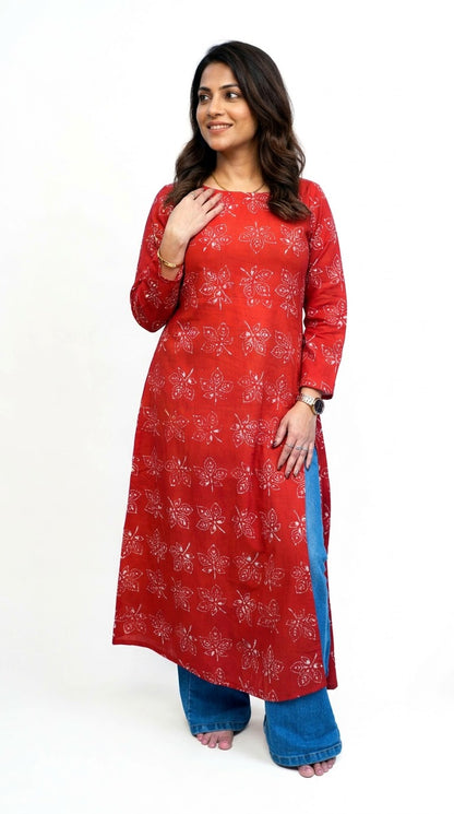 Cotton Dabu Hand Block Printed Red Long Side Slit Kurti | Rooh E Azah