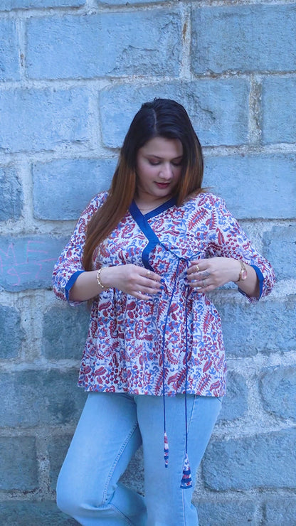 White Bagru Print Angrakha Style Short Top