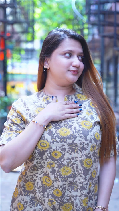 Mustard Ajrak Handblock Print Knee Length Dress With Hand Embroidery On Pockets