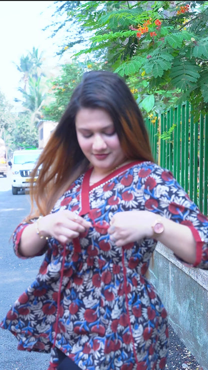 Brown Bagru Print Angrakha Style Short Top